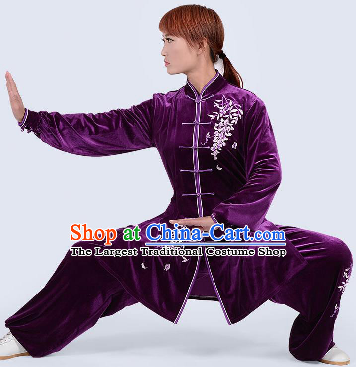 Chinese Traditional Kung Fu Embroidered Deep Purple Pleuche Costume Martial Arts Tai Ji Competition Clothing for Women