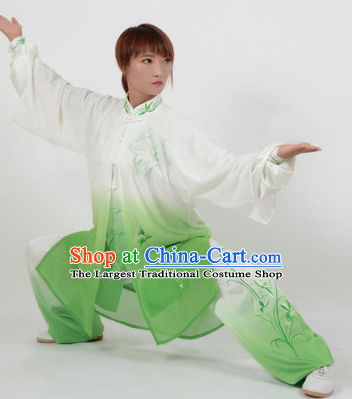 Chinese Traditional Kung Fu Printing Orchid Green Costume Martial Arts Tai Ji Competition Clothing for Women