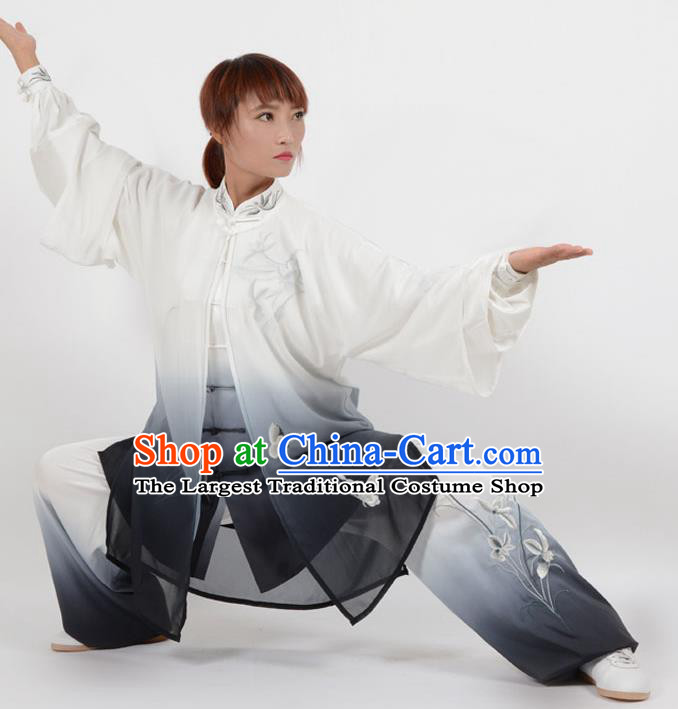 Chinese Traditional Kung Fu Embroidered Orchid Black Costume Martial Arts Tai Ji Competition Clothing for Women