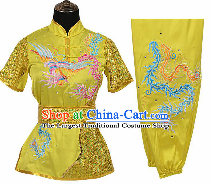Chinese Traditional Kung Fu Embroidered Phoenix Yellow Costume Martial Arts Competition Clothing for Women