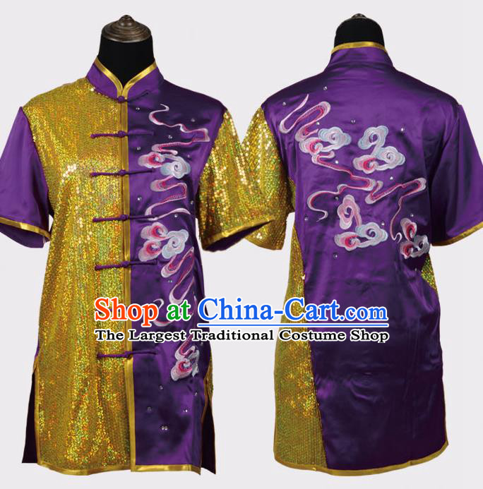 Chinese Traditional Kung Fu Embroidered Clouds Purple Costume Martial Arts Tai Ji Competition Clothing for Men