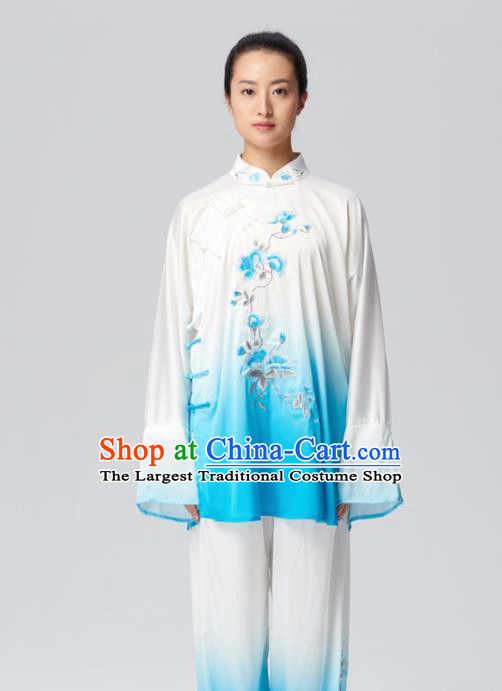 Chinese Traditional Tai Chi Group Embroidered Blue Costume Martial Arts Competition Clothing for Women