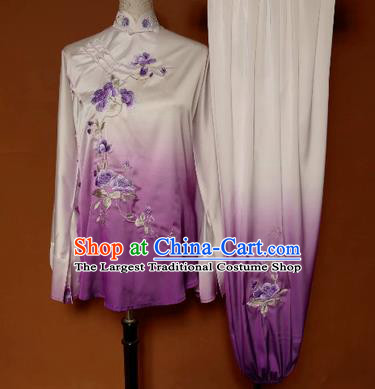 Chinese Traditional Tai Chi Group Embroidered Purple Costume Martial Arts Competition Clothing for Women