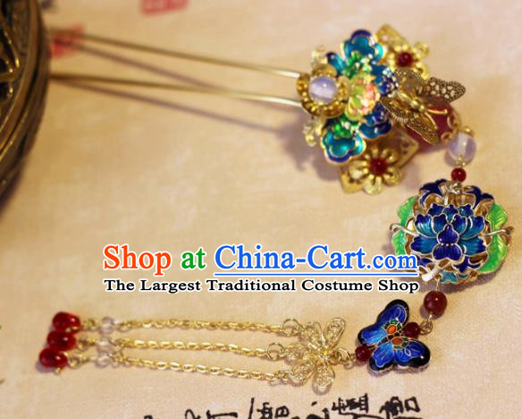 Handmade Chinese Ancient Palace Blueing Lotus Tassel Hairpins Traditional Hair Accessories Headdress for Women