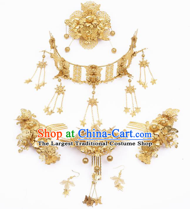 Handmade Chinese Ancient Bride Golden Phoenix Coronet Hairpins Traditional Hair Accessories Headdress for Women