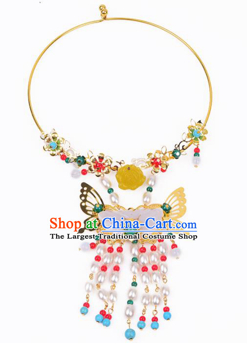 Top Grade Chinese Handmade Hanfu Jade Butterfly Necklace Traditional Bride Jewelry Accessories for Women