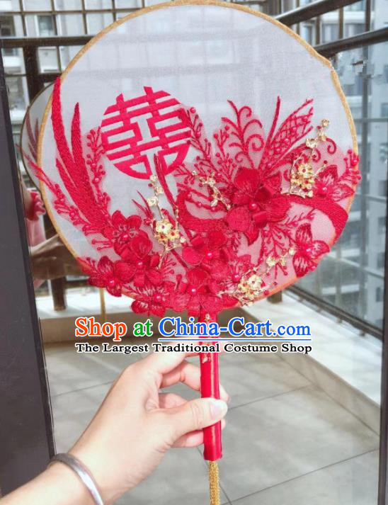 Chinese Handmade Bride Red Lace Palace Fans Wedding Accessories Classical Round Fan for Women