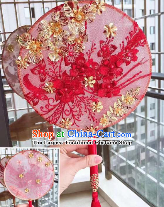 Chinese Handmade Bride Red Lace Flowers Palace Fans Wedding Accessories Classical Round Fan for Women