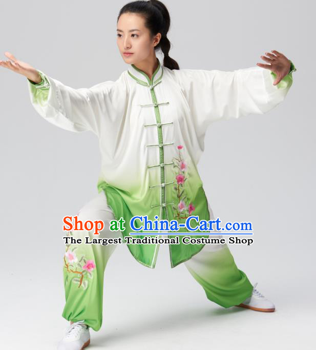 Chinese Traditional Kung Fu Tai Chi Group Embroidered Green Silk Costume Martial Arts Competition Clothing for Women