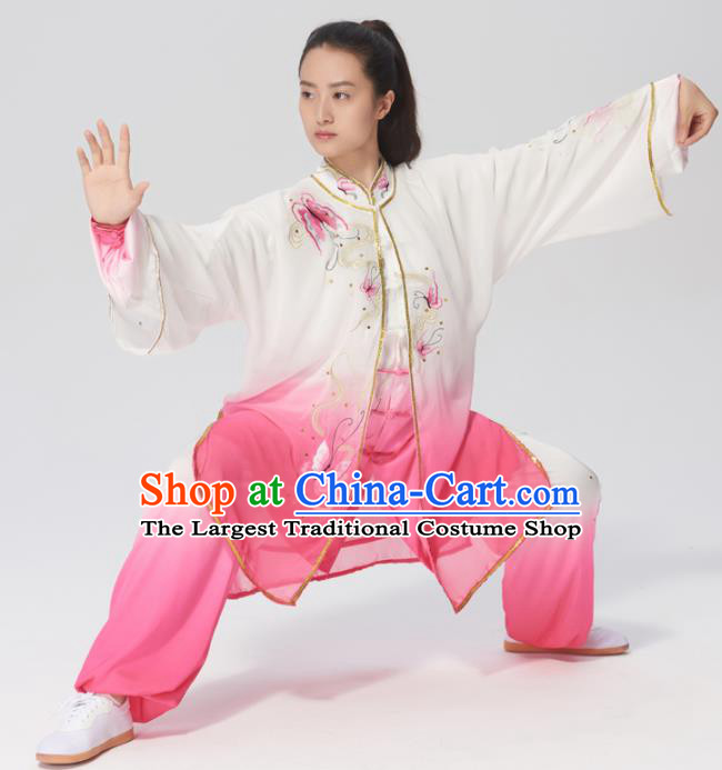 Chinese Traditional Tai Chi Group Embroidered Butterfly Rosy Costume Martial Arts Kung Fu Competition Clothing for Women
