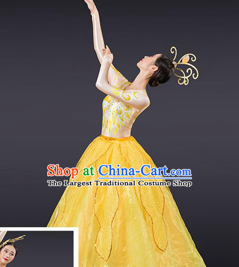 Chinese Traditional Chorus Yellow Bubble Dress Modern Dance Stage Performance Costume for Women
