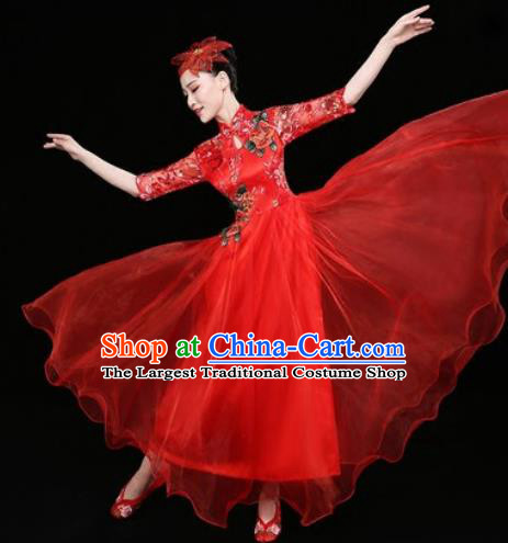 Chinese Traditional Chorus Red Dress Spring Festival Gala Dance Stage Performance Costume for Women