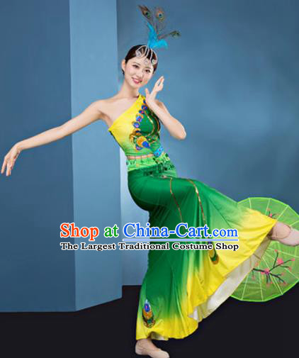 Traditional Chinese Dai Nationality Folk Dance Green Dress National Ethnic Peacock Dance Costume for Women