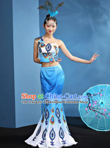 Traditional Chinese Dai Nationality Blue Dress National Ethnic Folk Dance Peacock Dance Costume for Women