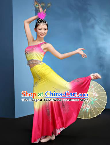 Traditional Chinese Dai Nationality Yellow Dress National Ethnic Folk Dance Peacock Dance Costume for Women