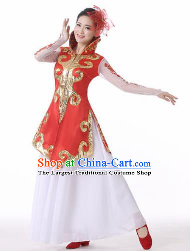 Traditional Chinese Mongol Nationality Folk Dance Red Dress Mongolian National Ethnic Costume for Women