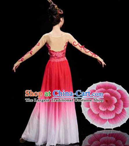 Chinese Traditional Umbrella Dance Rosy Dress Classical Dance Stage Performance Costume for Women