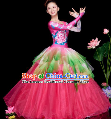 Chinese Traditional Opening Dance Chorus Rosy Veil Dress Modern Dance Stage Performance Costume for Women
