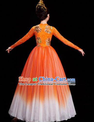 Chinese Traditional Opening Dance Chorus Orange Veil Dress Modern Dance Stage Performance Costume for Women
