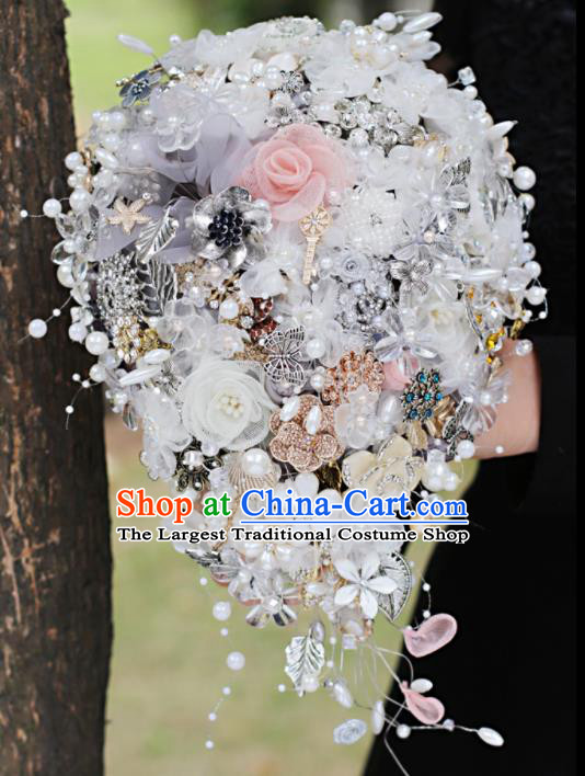 Top Grade Wedding Bridal Bouquet Hand Emulational Crystal Pearls Tied Bouquet Flowers for Women