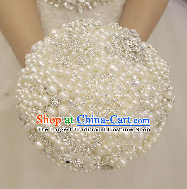 Top Grade Wedding Bridal Bouquet Hand Blue Crystal Pearls Flowers Ball Tied Bouquet Flowers for Women