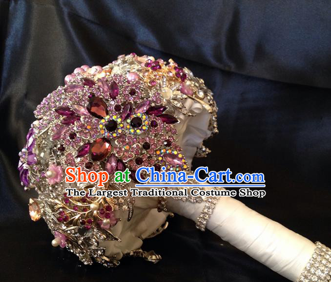 Top Grade Wedding Bridal Bouquet Hand Purple Crystal Ball Tied Bouquet Flowers for Women