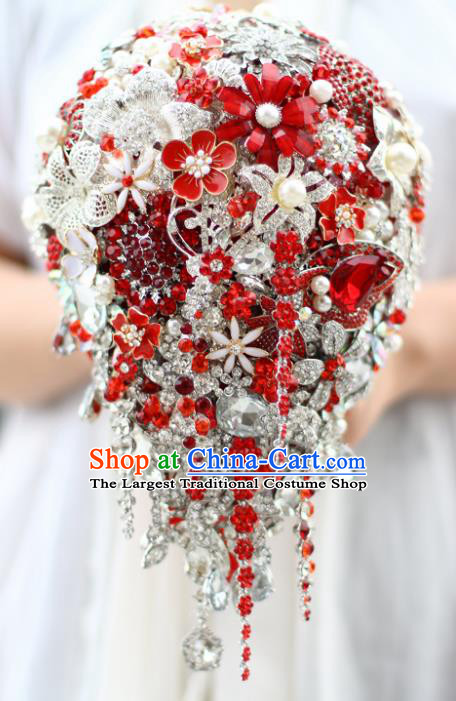 Top Grade Wedding Bridal Bouquet Hand Red Crystal Flowers Ball Tied Bouquet Flowers for Women