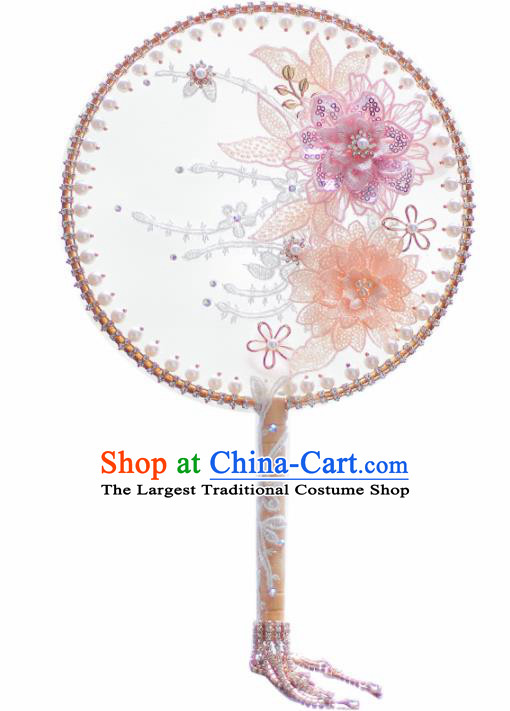 Chinese Traditional Wedding Round Fans Classical Bride Pink Flower Palace Fan for Women