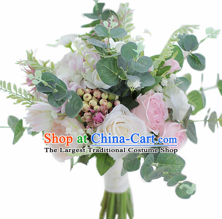 Top Grade Wedding Bridal Bouquet Hand White Rose Flowers Bunch for Women