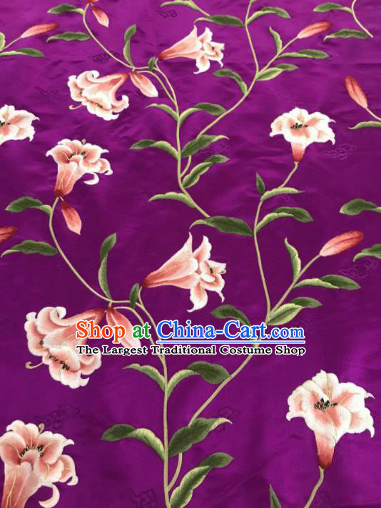 Asian Chinese Embroidered Greenish Lily Flower Pattern Purple Brocade Fabric Traditional Cheongsam Silk Fabric Material