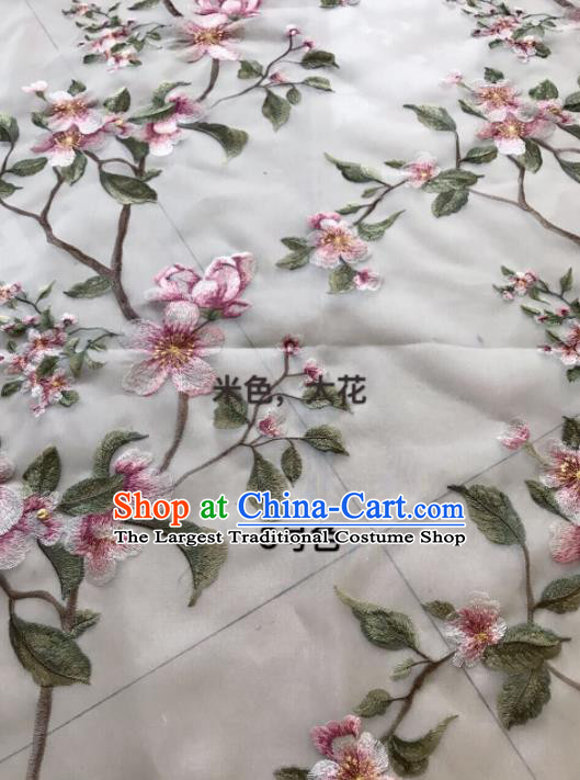 Asian Chinese Embroidered Peach Blossom Pattern Beige Silk Fabric Material Traditional Cheongsam Brocade Fabric