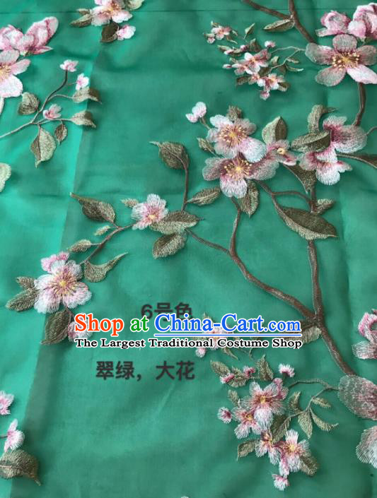 Asian Chinese Embroidered Peach Blossom Pattern Green Silk Fabric Material Traditional Cheongsam Brocade Fabric