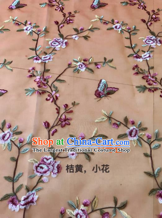 Asian Chinese Embroidered Peach Flowers Pattern Orange Silk Fabric Material Traditional Cheongsam Brocade Fabric