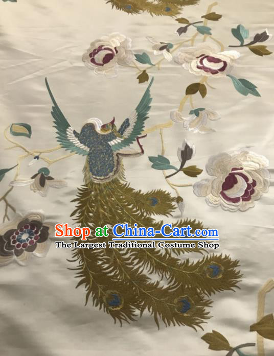 Asian Chinese Embroidered Phoenix Peony Pattern White Silk Fabric Material Traditional Cheongsam Brocade Fabric