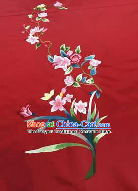 Asian Chinese Embroidered Orchid Pattern Red Silk Fabric Material Traditional Cheongsam Brocade Fabric