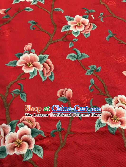 Asian Chinese Suzhou Embroidered Peach Blossom Pattern Red Silk Fabric Material Traditional Cheongsam Brocade Fabric