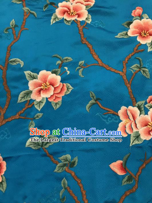 Asian Chinese Suzhou Embroidered Peach Blossom Pattern Blue Silk Fabric Material Traditional Cheongsam Brocade Fabric