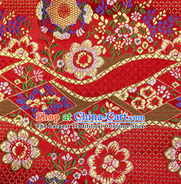 Asian Chinese Royal Flowers Pattern Red Brocade Fabric Traditional Silk Fabric Kimono Material