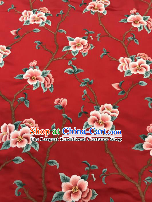 Asian Chinese Suzhou Embroidered Twine Peach Blossom Pattern Red Silk Fabric Material Traditional Cheongsam Brocade Fabric