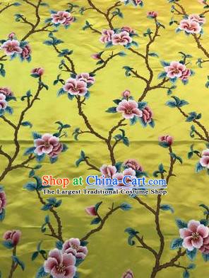 Asian Chinese Suzhou Embroidered Twine Peach Blossom Pattern Yellow Silk Fabric Material Traditional Cheongsam Brocade Fabric