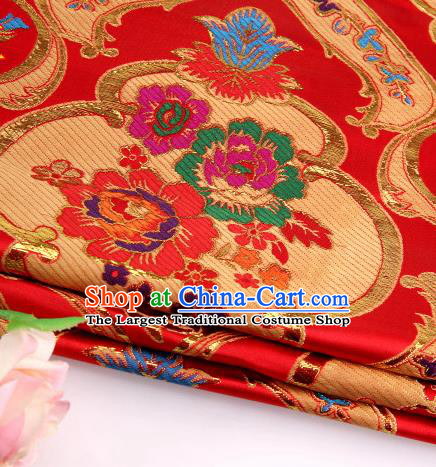 Asian Chinese Traditional Royal Peony Pattern Red Satin Nanjing Brocade Fabric Tang Suit Silk Material