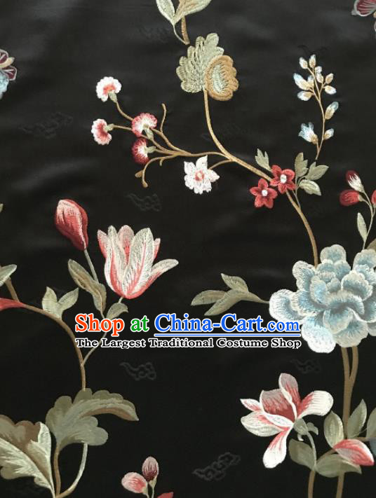 Asian Chinese Suzhou Embroidered Twine Peony Pattern Black Silk Fabric Material Traditional Cheongsam Brocade Fabric