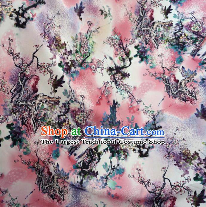 Asian Chinese Ink Painting Plum Blossom Brocade Traditional Cheongsam Satin Fabric Tang Suit Silk Material