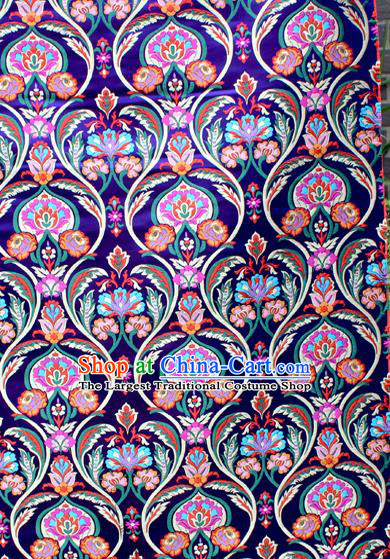 Asian Chinese Classical Tulip Flowers Pattern Royalblue Nanjing Brocade Traditional Tibetan Robe Satin Fabric Silk Material