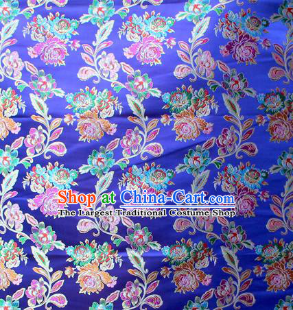 Asian Chinese Classical Peony Flowers Pattern Royalblue Nanjing Brocade Traditional Tibetan Robe Satin Fabric Silk Material