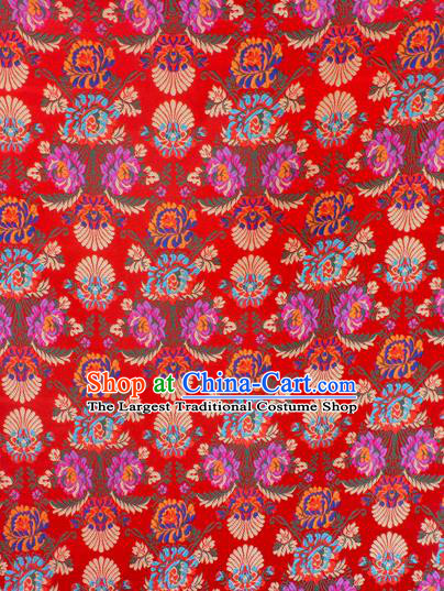 Asian Chinese Classical Flowers Pattern Red Nanjing Brocade Traditional Tibetan Robe Satin Fabric Silk Material