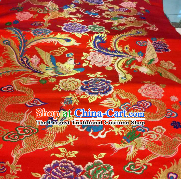 Asian Chinese Classical Dragon Phoenix Peony Pattern Red Brocade Traditional Tibetan Robe Satin Fabric Silk Material