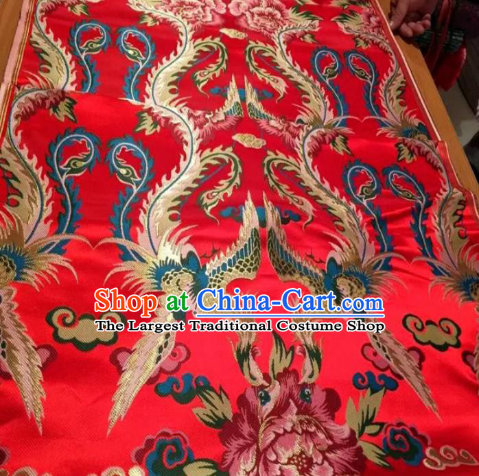 Asian Chinese Classical Phoenix Peony Pattern Red Brocade Traditional Tibetan Robe Satin Fabric Silk Material