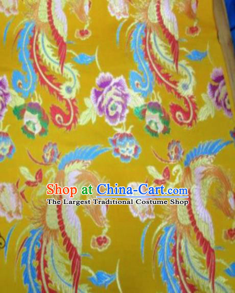 Asian Chinese Classical Phoenix Peony Pattern Yellow Brocade Traditional Tibetan Robe Satin Fabric Silk Material