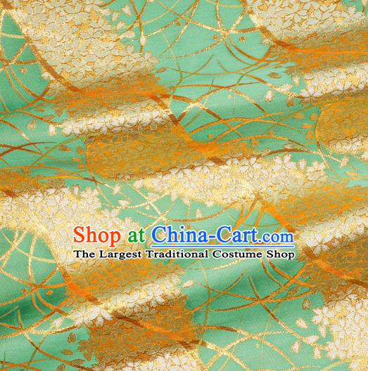 Asian Traditional Classical Sakura Pattern Green Tapestry Satin Nishijin Brocade Fabric Japanese Kimono Silk Material